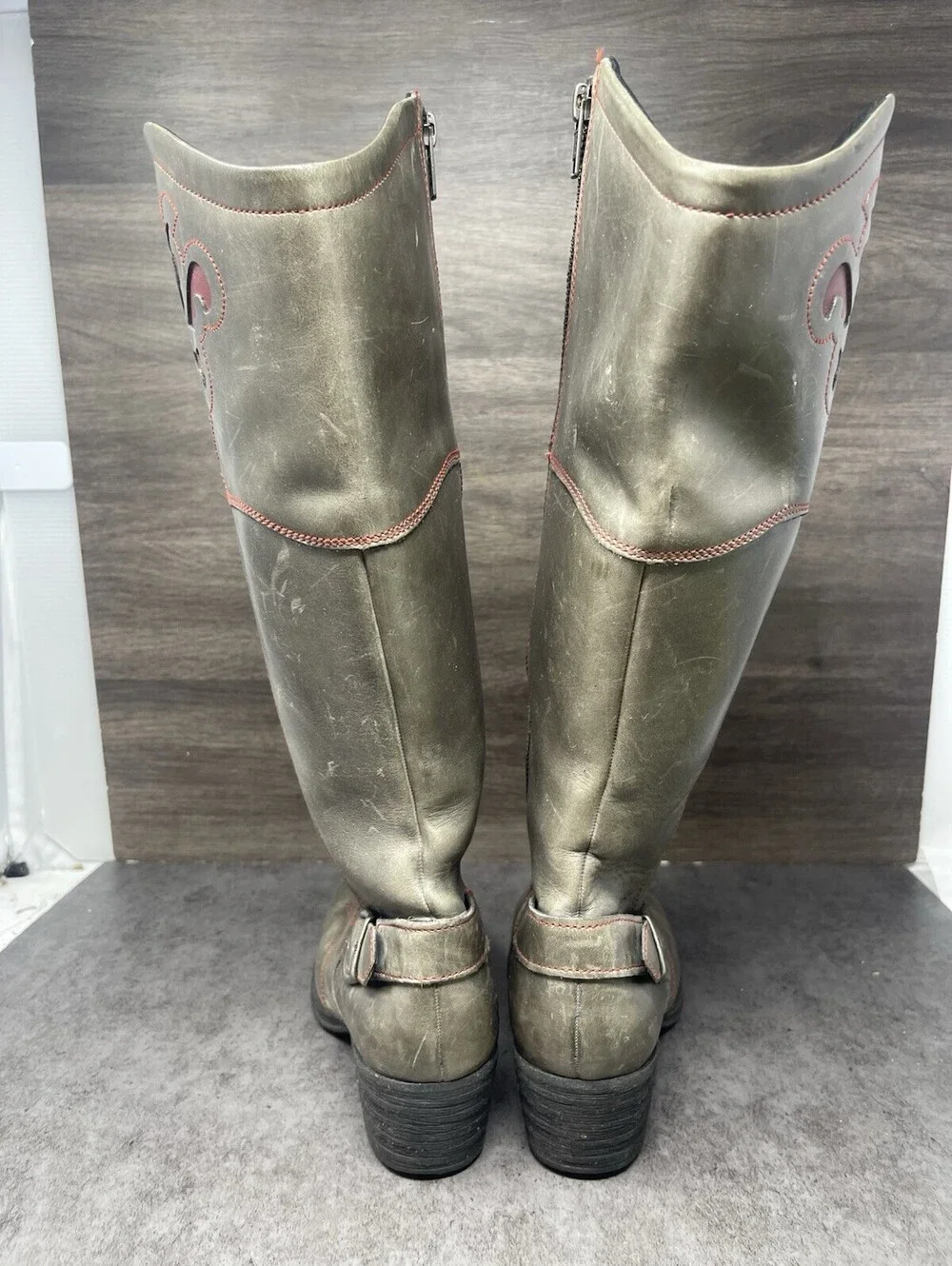 BORN Moe Distressed Leather Wide Calf Boots Womens Size 6 Grey Red High Tall